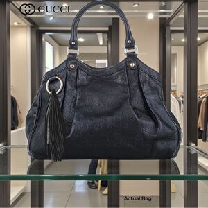 AUTHENTIC GUCCI GUCCISSMIA BLACK LEATHER-TASSEL SHOULDER BAG-VINTAGE HOBO BAG